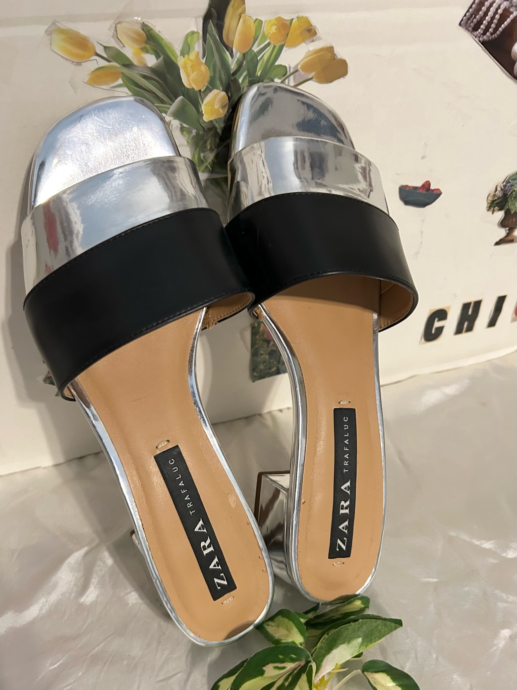 Zara Trafaluc Black & Silver Flats Sandals Slides Size 40